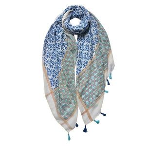 Bílo-modrý dámský šátek s potiskem a střapci - 90*180 cm JZSC0735BL obraz