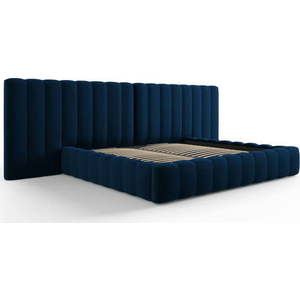 Tmavě modrá čalouněná dvoulůžková postel s úložným prostorem a roštem 200x200 cm Gina – Milo Casa obraz