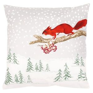 Polštář s výplní, samet. Vánoční motiv, zasněžená krajina s veverkou. 45x45 cm. obraz
