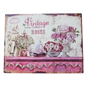 Růžová nástěnná kovová cedule s růžemi Vintage Roses - 33*25 cm 8PL-660825331111 obraz