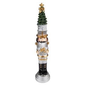 Stříbrná vánoční dekorace Louskáček se stromkem a dárkem - 5*5*25 cm 6PR3706 obraz