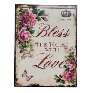 Nástěnná kovová cedule s růžemi Bless this house with Love - 25*33 cm 8PL-80825331111 obraz