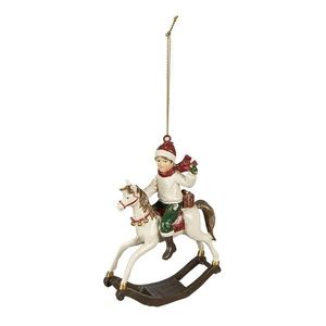 Bílá vánoční závěsná dekorace chlapec na houpacím koníkovi - 9*5*12 cm 6PR3926 obraz