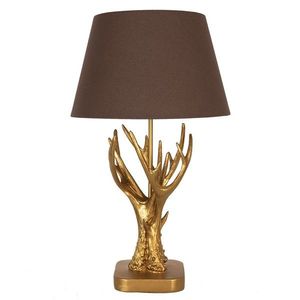 Zlatá stolní lampa s parožím a hnědým stínidlem - Ø 35*59 cm E27/max 1*60W 5LMC0024 obraz
