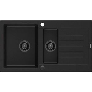 MEXEN/S Matias granitový dřez 1.5 s odkapávačem 900 x 505 mm, černý, černý sifon 6502901505-77-B obraz