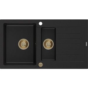 MEXEN/S Matias granitový dřez 1.5 s odkapávačem 900 x 505 mm, černý, zlatý sifon 6502901505-77-G obraz