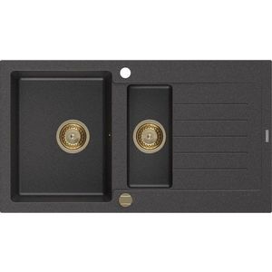 MEXEN/S Matias granitový dřez 1.5 s odkapávačem 900x505 mm, černá kropenatá, + zlatý sifon 6502901505-76-G obraz