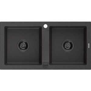 MEXEN/S Mario granitový dřez 2-bowl 820 x 436 mm, černá kropenatá, + černý sifon 6504822000-76-B obraz