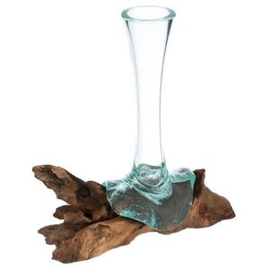 Foukaná skleněná váza na teakovém dřevě, 25 cm obraz