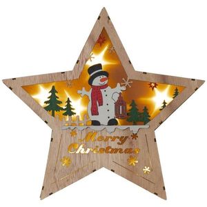 Nexos 86858 Dřevěná hvězda s motivem sněhuláka, 8 LED, teplá bílá obraz