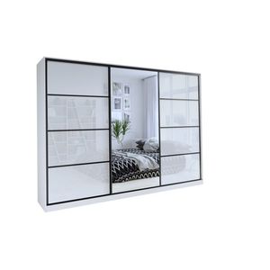 Šatní skříň HARAZIA 250 se zrcadlem, 4 šuplíky a 2 šatními tyčemi, bílý lesk obraz