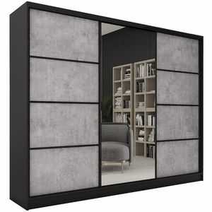 Šatní skříň HARAZIA 250 se zrcadlem, 4 šuplíky a 2 šatními tyčemi, černý mat/beton obraz