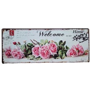 Béžová antik nástěnná kovová cedule s růžemi Welcome Home - 50*20 cm 8PL-138820501111 obraz