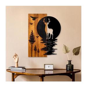 Nástěnná dekorace 43x58 cm jelen a měsíc dřevo/kov obraz