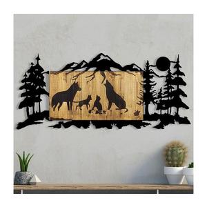 Nástěnná dekorace 108x47 cm vlčí rodina dřevo/kov obraz