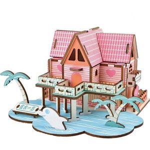 Woodcraft construction kit Dřevěné 3D puzzle Letní dům růžovo-modré obraz