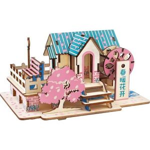 Woodcraft construction kit Dřevěné 3D puzzle Jarní dům modro-růžové obraz
