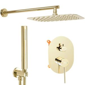 Sprchový set podomítkový Rea Oval s instalačním boxem zlatý - podomítková vanová baterie, dešťová a ruční sprcha obraz