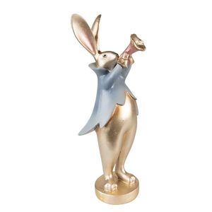 Dekorace králík v modrém kabátku s trumpetou - 9*8*26 cm 6PR3627 obraz