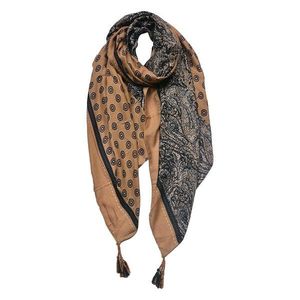 Hnědo-černý dámský šátek se vzorem a střapci- 90*180 cm JZSC0746BE obraz
