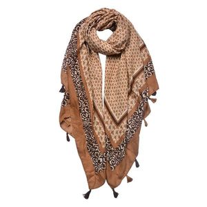 Hnědý dámský šátek s ornamenty a střapci - 90*180 cm JZSC0749CH obraz