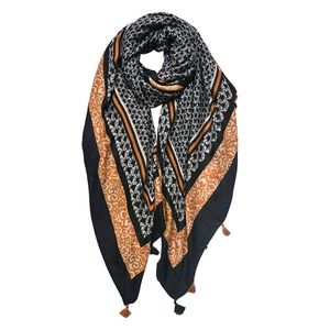 Černo-oranžový dámský šátek s ornamenty a střapci - 90*180 cm JZSC0749Z obraz