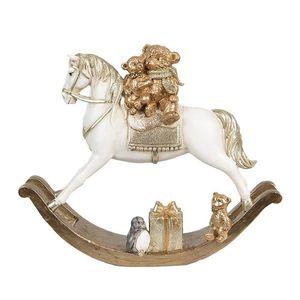 Bílo-zlatá dekorace houpací koník s medvídky - 18*4*15 cm 6PR4921 obraz