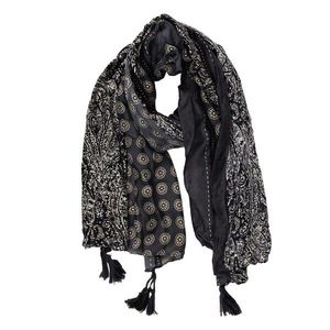 Černo-béžový dámský šátek se vzorem a střapci- 90*180 cm JZSC0746Z obraz