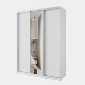 Šatní skříň NEJBY BARNABA 150 cm s posuvnými dveřmi, zrcadlem, 4 šuplíky a 2 šatními tyčemi, bílá obraz