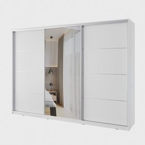 Šatní skříň NEJBY BARNABA 280 cm s posuvnými dveřmi, zrcadlem, 4 šuplíky a 2 šatními tyčemi, bílá obraz