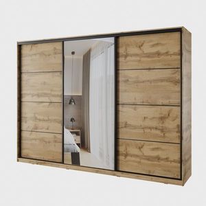 Šatní skříň NEJBY BARNABA 280 cm s posuvnými dveřmi, zrcadlem, 4 šuplíky a 2 šatními tyčemi, dub wotan obraz