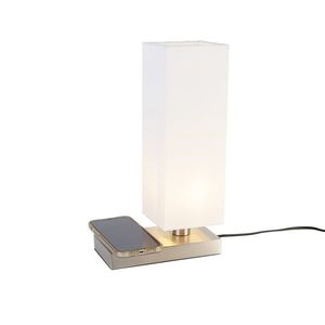 Ocelová stolní lampa s bílým stínidlem s dotykovou a indukční nabíječkou - Romina obraz