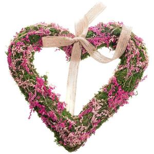 Závěsné mechové srdce se sušenými kvítky, růžová, 30 x 4 cm obraz