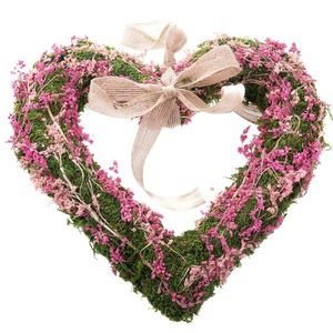 Závěsné mechové srdce se sušenými kvítky, růžová, 32 x 28 x 4 cm obraz