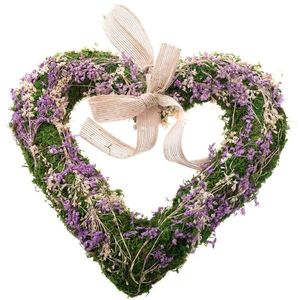 Závěsné mechové srdce se sušenými kvítky, fialová, 25 x 3, 5 cm obraz