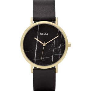 Dámské černé hodinky s koženým řemínkem a mramorovým ciferníkem Cluse La Roche Rose obraz