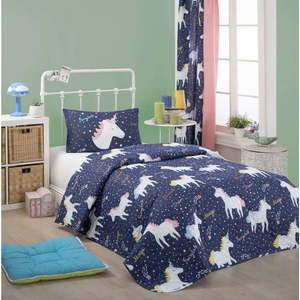 Set přehozu přes postel a povlaku na polštář s příměsí bavlny Eponj Home Magic Unicorn Dark Blue, 160 x 220 cm obraz
