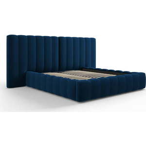 Tmavě modrá čalouněná dvoulůžková postel s úložným prostorem a roštem 160x200 cm Gina – Milo Casa obraz