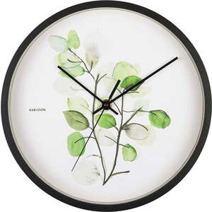 Zeleno-bílé nástěnné hodiny v černém rámu Karlsson Eucalyptus, ø 26 cm obraz