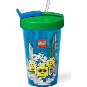 Modrý kelímek se zeleným víčkem a brčkem LEGO® Iconic, 500 ml obraz
