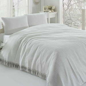 Bílý bavlněný lehký přehoz přes postel na dvoulůžko Pique, 220 x 240 cm obraz