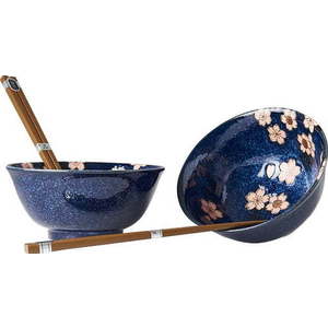 Set 2 modrých keramických misek a jídelních hůlek MIJ Pink Sakura obraz