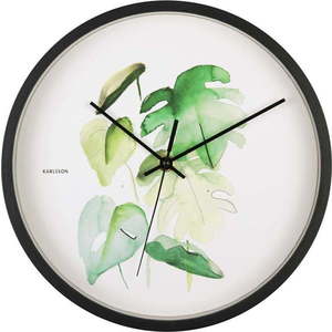Zeleno-bílé nástěnné hodiny v černém rámu Karlsson Monstera, ø 26 cm obraz