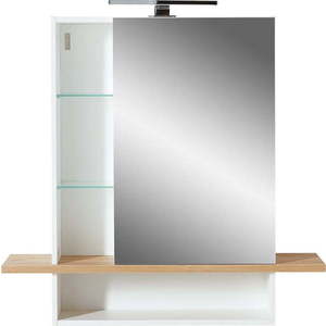 Bílá závěsná koupelnová skříňka se zrcadlem v dekoru dubu 90x91 cm Novolino - Germania obraz