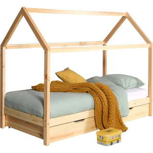 Domečková dětská postel z borovicového dřeva s výsuvným lůžkem a úložným prostorem v přírodní barvě 90x200 cm DALLAS – Vipack obraz