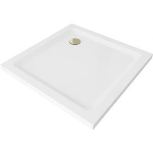 MEXEN/S Flat sprchová vanička čtvercová slim 100 x 100, bílá + zlatý sifon 40101010G obraz