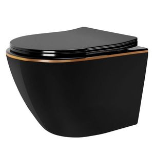 REA Závěsná WC mísa včetně sedátka Carlo Mini Flat černá/zlatý proužek + sedátko duraplast REA-C8800 obraz