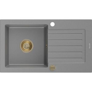 MEXEN/S Pablo granitový dřez 1-miska s odkapávačem 752 x 436 mm, šedý, zlatý sifon 6510751010-71-G obraz