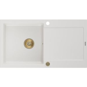 MEXEN/S Leo granitový dřez 1 s odkapávačem 900x500 mm, bílá, + zlatý sifon 6501901010-20-G obraz