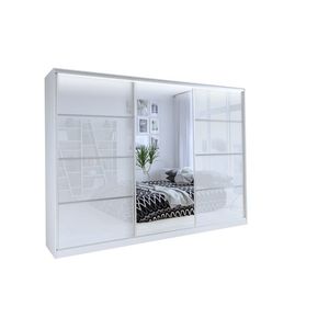 Šatní skříň NEJBY BARNABA 250 cm s posuvnými dveřmi, zrcadlem, 4 šuplíky a 2 šatními tyčemi, bílý lesk obraz